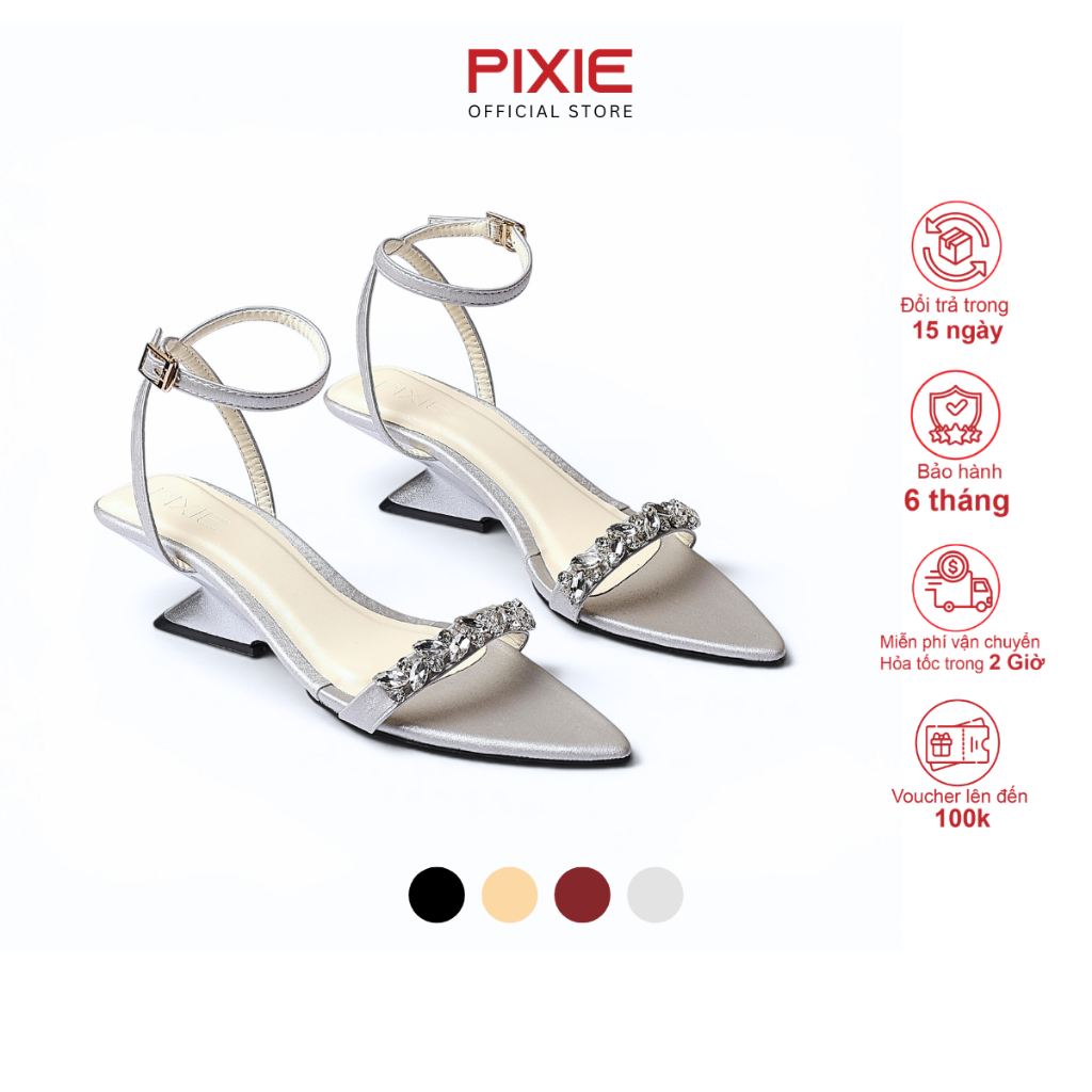 Giày Sandal Cao Gót 5cm Quai Mảnh Đính Đá Mũi Nhọn Thời Trang Pixie H439