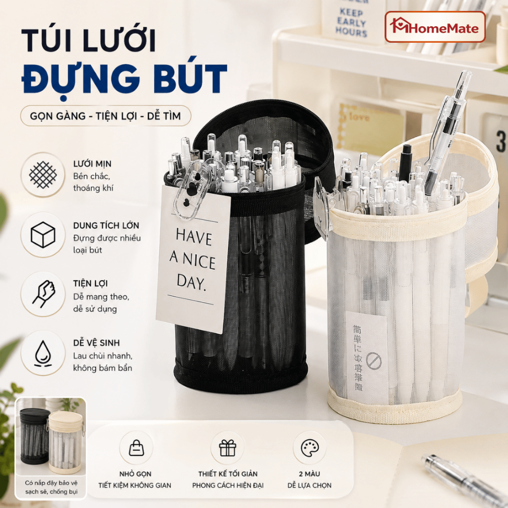 [HÀNG LOẠI 1]Hộp Đựng Bút Lưới HomeMate Hình Trụ 20x9cm, Túi Đựng Văn Phòng Phẩm & Mỹ Phẩm Mini Tiện Lợi