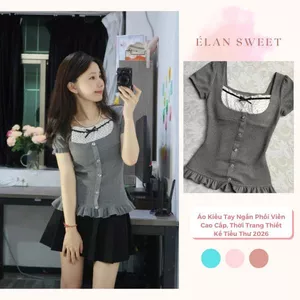 Áo Dạ Tweed Élan Sweet - Áo Kiểu Tay Ngắn Phối Viền Cao Cấp, Thời Trang Thiết Kế Tiểu Thư 2026
