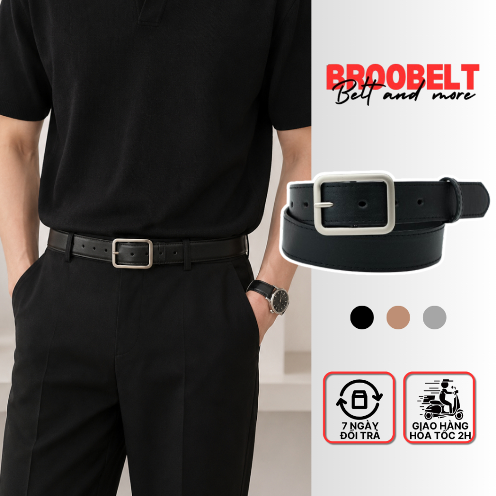 Thắt lưng unisex mặt chữ nhật Broobelt đen basic, dây nịt da pu bản 2.8cm đơn giản cho nam nữ TL01