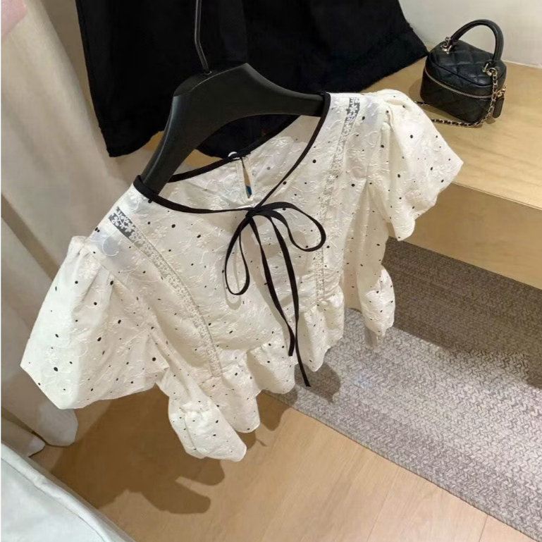Áo babydoll cổ tròn buộc nơ chấm bi dáng xòe nhẹ xinh xắn LABEL A129