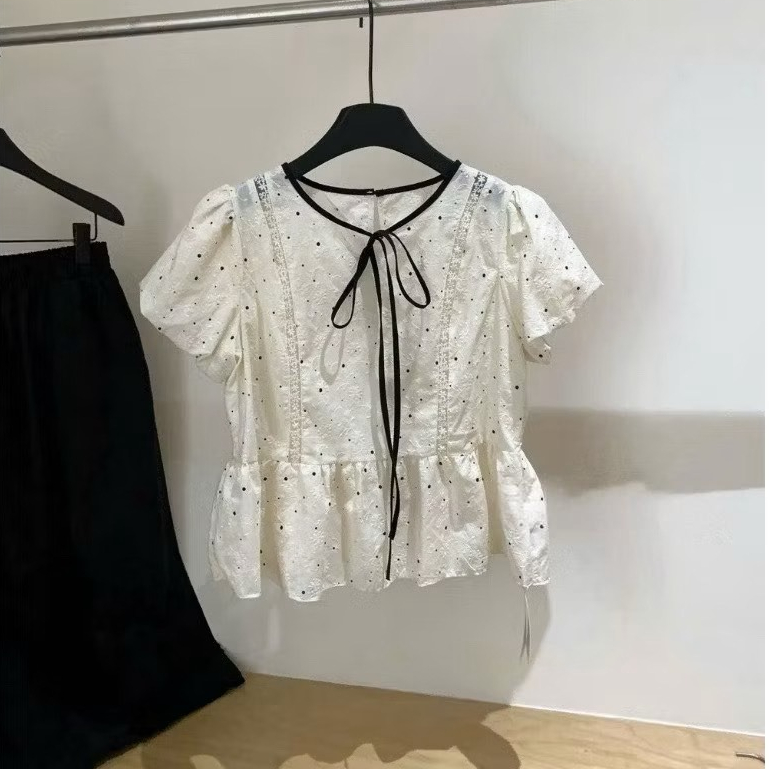 Áo babydoll cổ tròn buộc nơ chấm bi dáng xòe nhẹ xinh xắn LABEL A129