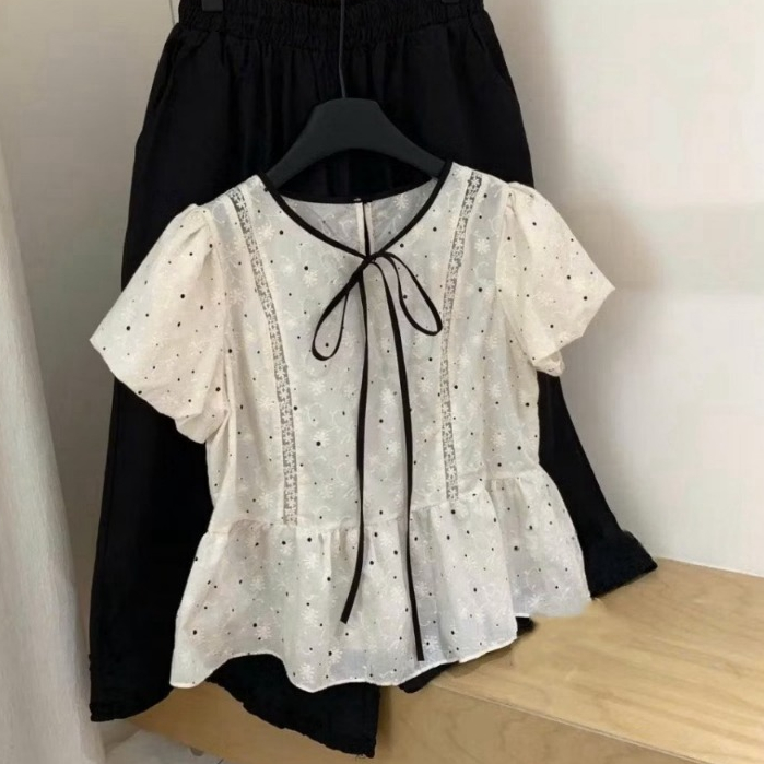 Áo babydoll cổ tròn buộc nơ chấm bi dáng xòe nhẹ xinh xắn LABEL A129
