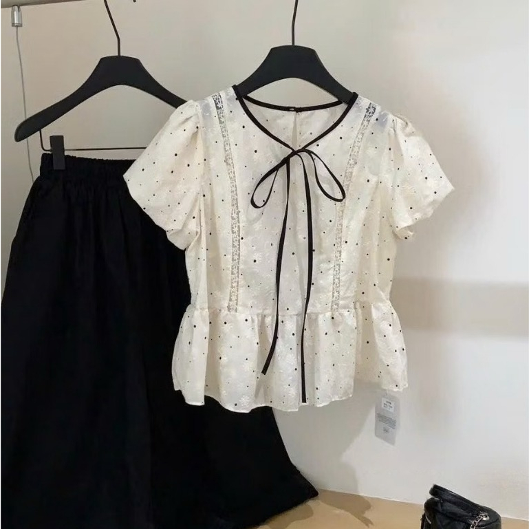 Áo babydoll cổ tròn buộc nơ chấm bi dáng xòe nhẹ xinh xắn LABEL A129