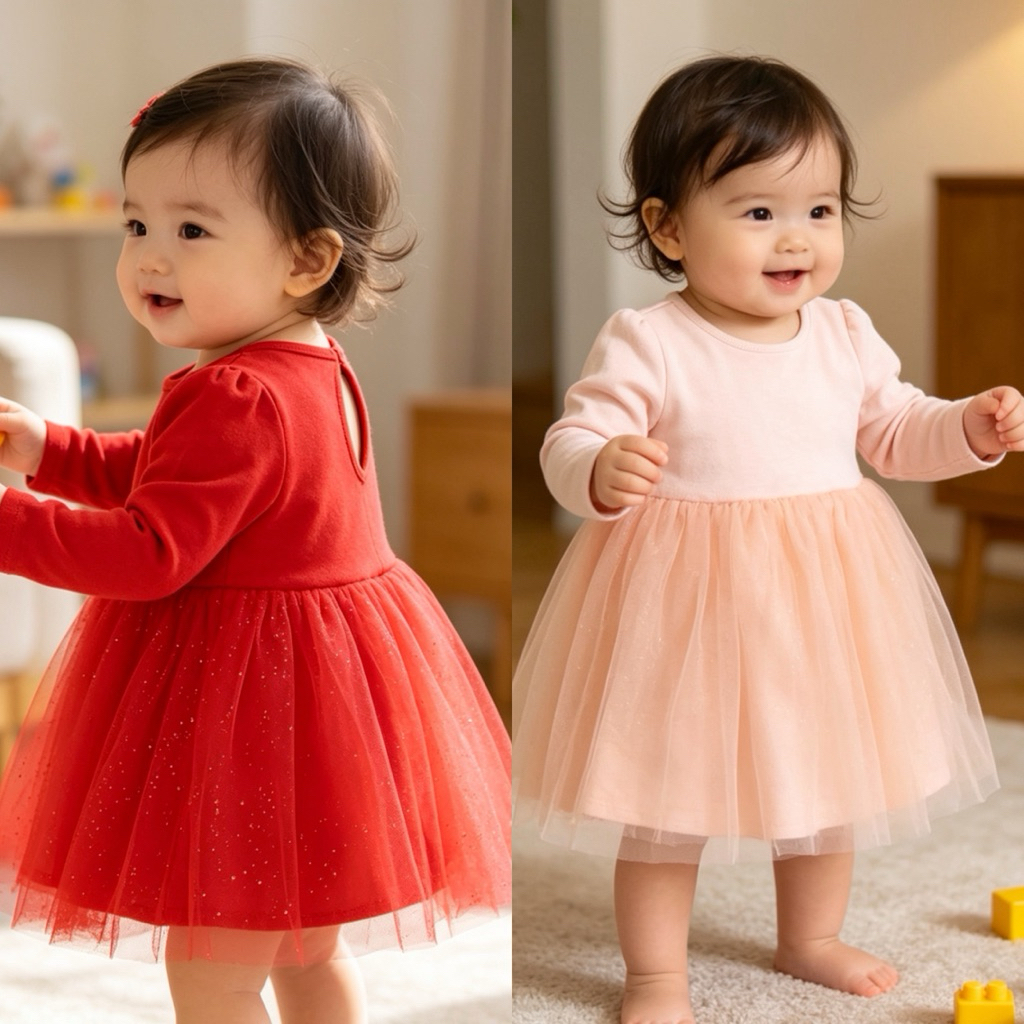 Váy dài tay bé gái sơ sinh L004 xuất dư màu hồng đỏ – thời trang trẻ em, size 0–18M (2–9kg)