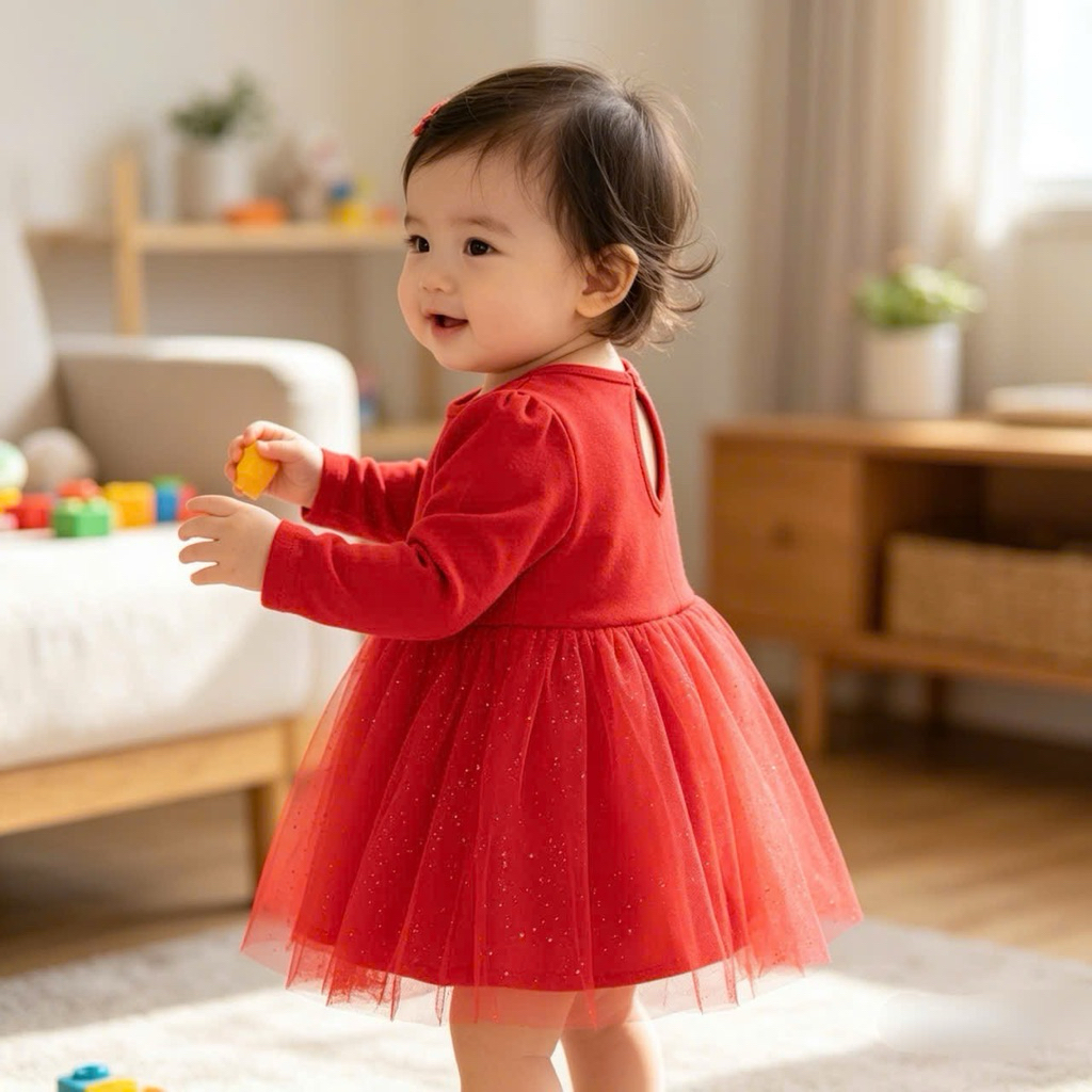 Váy dài tay bé gái sơ sinh L004 xuất dư màu hồng đỏ – thời trang trẻ em, size 0–18M (2–9kg)