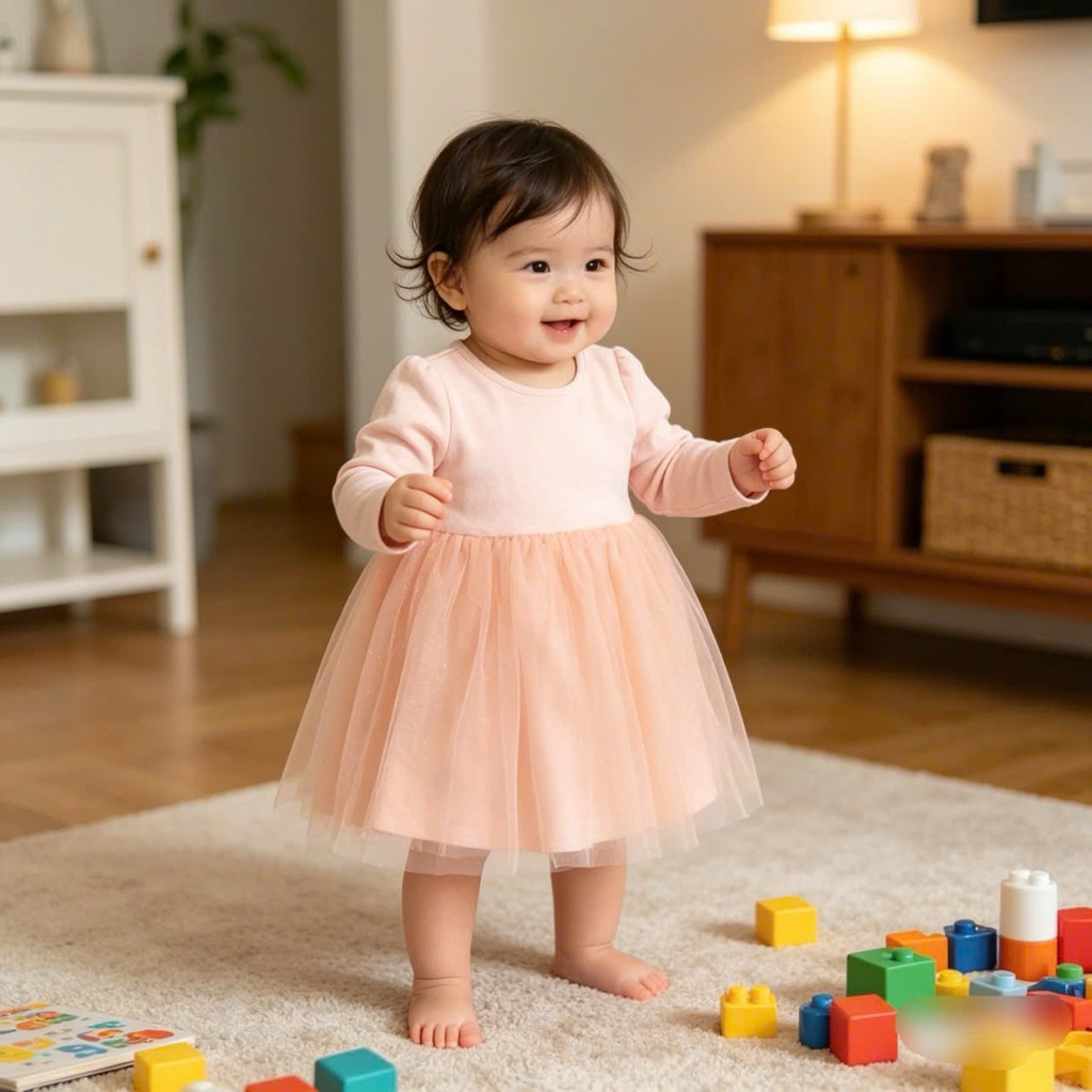 Váy dài tay bé gái sơ sinh L004 xuất dư màu hồng đỏ – thời trang trẻ em, size 0–18M (2–9kg)