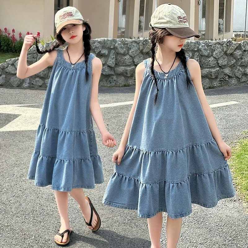 Váy jean bé gái dáng chữ A suông rộng, đầm denim bèo tầng phong cách Hàn Quốc cho bé gái size đại