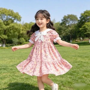 Váy bé gái cộc tay June J6031 hoạ tiết hoa nhí cổ bèo xinh xắn cho bé 1–10 tuổi (10–40kg)