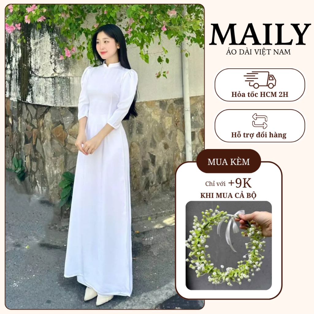 Áo Dài Học Sinh Cấp 3 Tay Bồng Duyên Dáng, Chất Lụa Mỹ Thoáng Mát Dáng Ôm Truyền Thống - ÁO DÀI MAILY