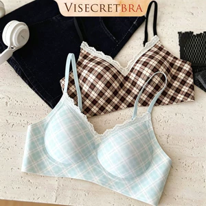 Áo Lót Áo Bra Nữ Chất Su Viền Ren Họa Tiết Caro Summer Dây Mảnh Bản Lưng To Mút Đệm May Cố Định Gom Quả -- A-VN260553
