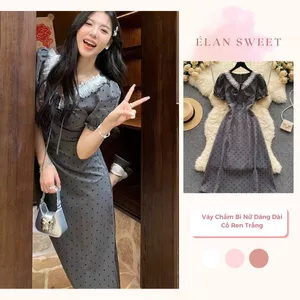 Váy Chấm Bi Nữ Dáng Dài Cổ Ren Trắng, Đầm Tiểu Thư Vintage Rút Dây Ngực Tay Bồng Sang Chảnh Đi Chơi Đi Tiệc Cao Cấp