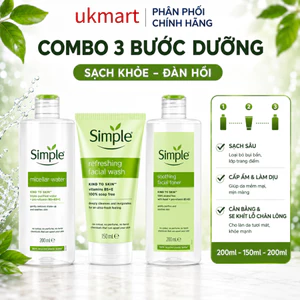 Combo 3 bước dưỡng Simple Nước tẩy trang 200ml+Sữa rửa mặt 150ml+Nước hoa hồng 200ml cho da nhạy cảm