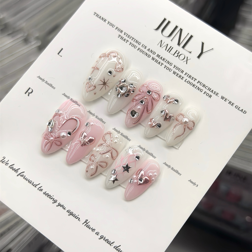 Nailbox nơ trắng hồng JUNLY - nail box thiết kế móng giả vẽ nơ đính đá ...