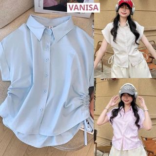 Áo sơ mi nữ xinh ngắn tay rút eo hồng xanh trắng pastel hàn quốc VANISA CT178