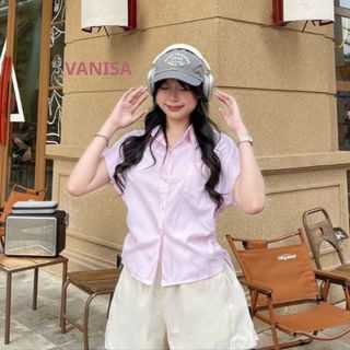 Áo sơ mi tay ngắn rút dây eo chất cotton xinh hồng xanh trắng hàn quốc VANISA CT178
