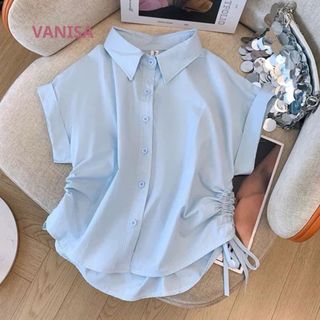 Áo sơ mi tay ngắn rút dây eo chất cotton xinh hồng xanh trắng hàn quốc VANISA CT178