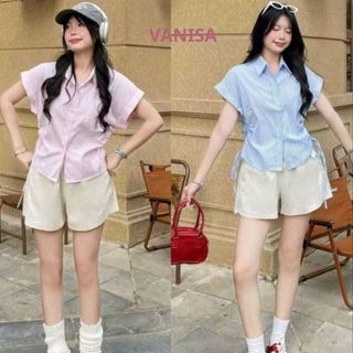 Áo sơ mi nữ xinh ngắn tay rút eo hồng xanh trắng pastel hàn quốc VANISA CT178