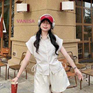 Áo sơ mi tay ngắn rút dây eo chất cotton xinh hồng xanh trắng hàn quốc VANISA CT178