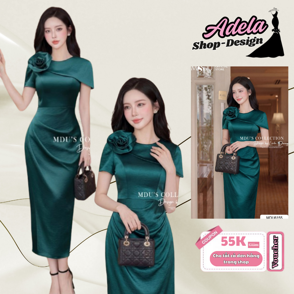 Váy Thiết Kế ADELA DESIGN Lụa Twist Satin Xanh Cổ Vịt Ôm Nhẹ Xẻ Tà MDU6155