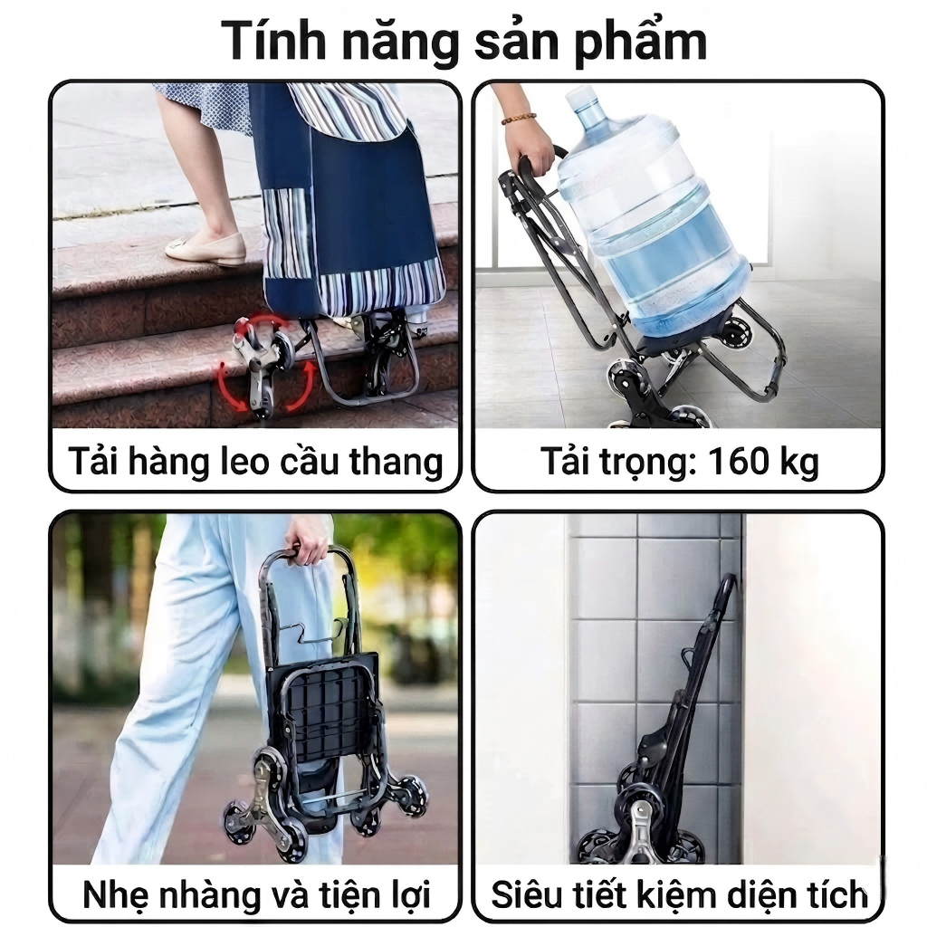 Xe Kéo 2-6 Bánh Hàng Nhập Khẩu Gấp Gọn Xe kéo hàng đi chợ Thép Chịu Lực Sơn Chống Gỉ Tải Trọng 200kg Dành cho gia đình
