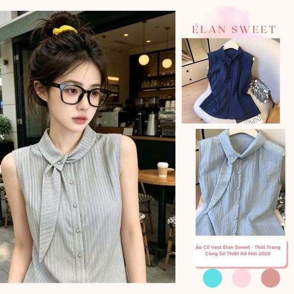 Áo Cổ Vest Élan Sweet - Áo Kiểu Tay Ngắn Xếp Ly Cao Cấp, Thời Trang Công Sở Thiết Kế Mới 2026
