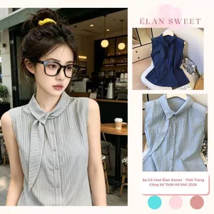 Áo Cổ Vest Élan Sweet - Áo Kiểu Tay Ngắn Xếp Ly Cao Cấp, Thời Trang Công Sở Thiết Kế Mới 2026