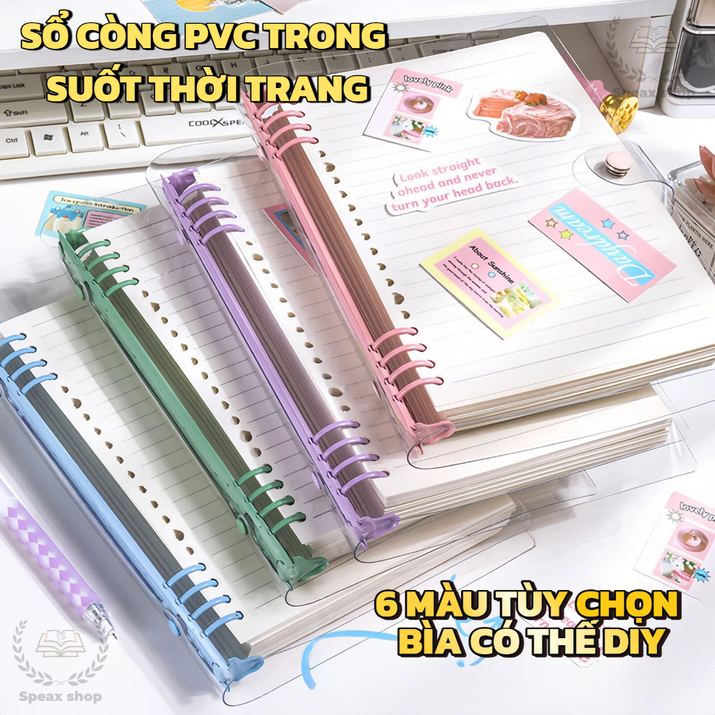 Sổ Còng Trong Suốt A5/B5 – Còng Sắt Lò Xo Xoắn Cao Cấp, Giấy Kẻ Ngang/Caro/Trắng Thay Ruột Dễ Dàng