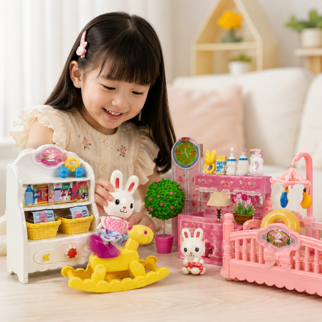 Bộ Đồ Chơi Phòng Ngủ Thỏ Bunny Mini Cho Bé Nhà Búp Bê Cao Cấp Kèm Phụ Kiện Bé Gái