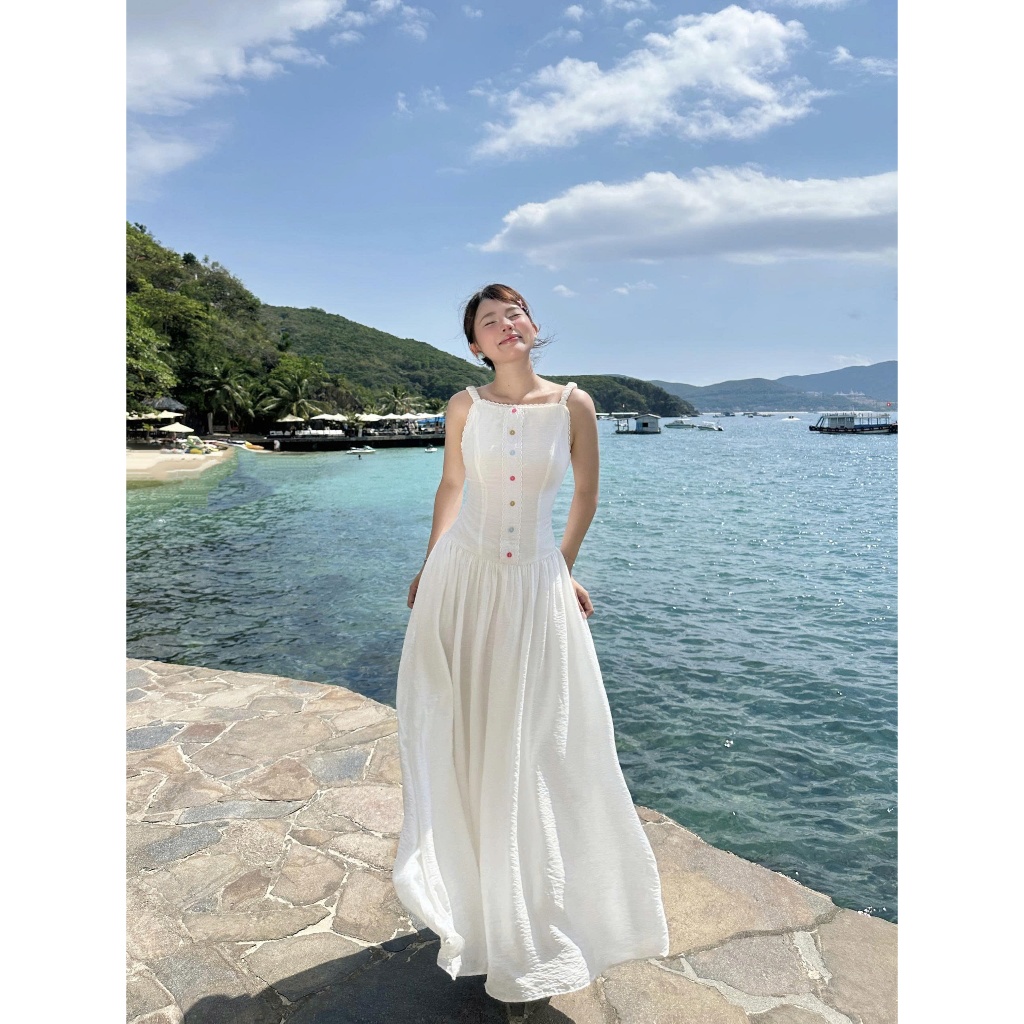 Đầm Nữ Dài TROFFY DRESS Hai Dây Dáng Xòe Phối Nút Màu Sắc Dễ Thương SECODEE