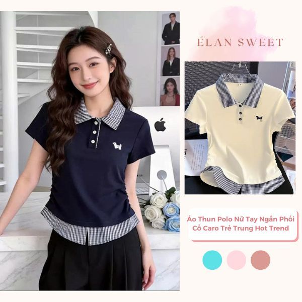 Áo Thun Polo Nữ Tay Ngắn Phối Cổ Caro Trẻ Trung Hot Trend