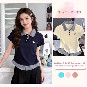 Áo Thun Polo Nữ Tay Ngắn Phối Cổ Caro Trẻ Trung Hot Trend