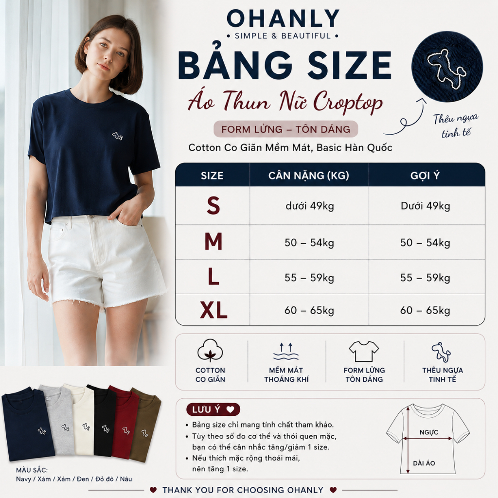 Áo Thun Nữ Croptop Form Lửng Thêu Ngựa – Cotton Co Giãn Mềm Mát, Basic Hàn Quốc Tôn Dáng | OHANLY