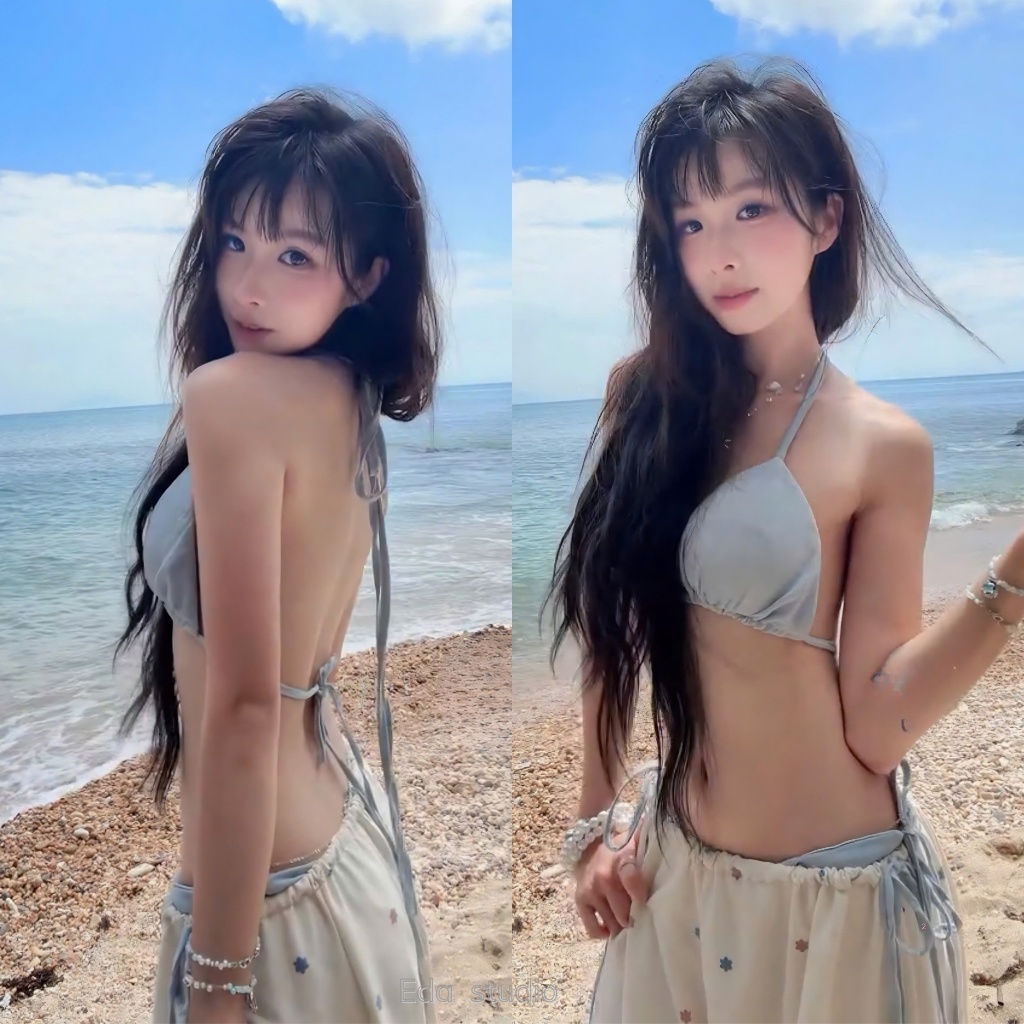 EDA - Set TÍ HON Bikini Xanh Phối Quần Rộng - Set Đồ Đi Biển , Dạo Biển Mùa Hè  Xanh Pastel
