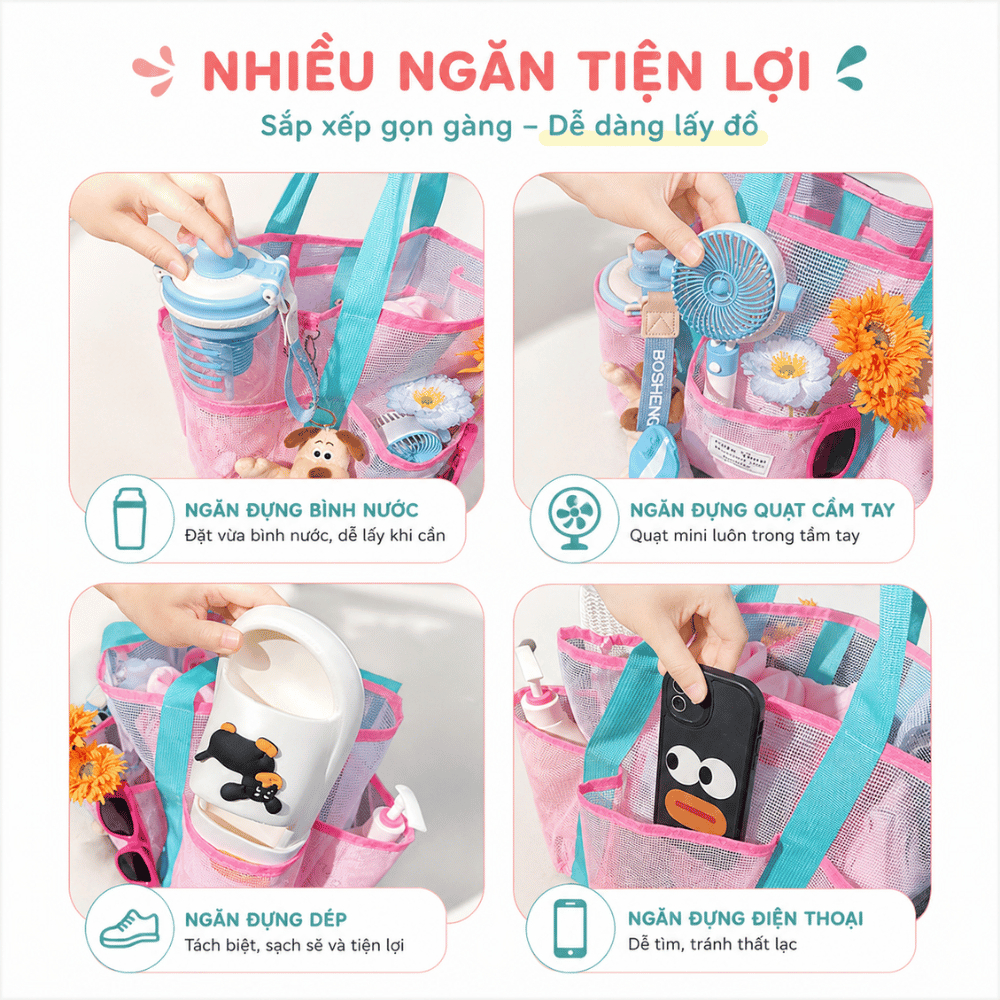 Túi Lưới Đi Biển Chất Liệu PVC Chống Thấm RICHOUSE, Túi Tote Lưới Form Rộng Đựng Đồ Bơi Du Lịch