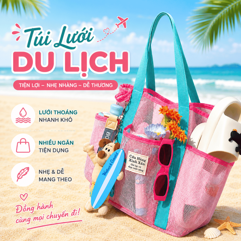 Túi Lưới Đi Biển Chất Liệu PVC Chống Thấm RICHOUSE, Túi Tote Lưới Form Rộng Đựng Đồ Bơi Du Lịch
