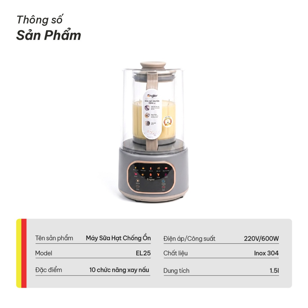 Máy Làm Sữa Hạt Engler EGL252A 1.5L Đa Năng, 10 Chế Độ Xay Nấu, Chống Ồn, Lưỡi Dao Inox 304