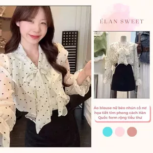 Áo blouse nữ bèo nhún cổ nơ họa tiết tim phong cách Hàn Quốc form rộng tiểu thư
