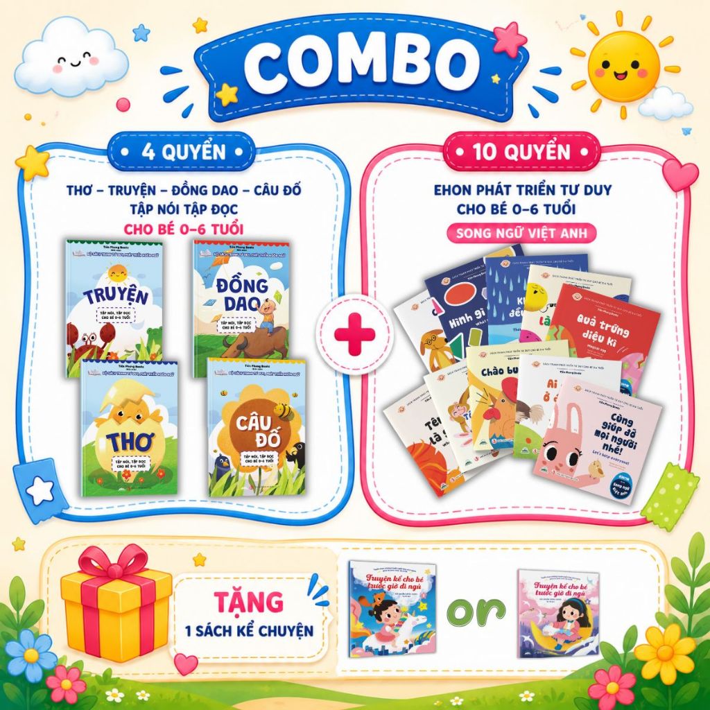 COMBO 4 Quyển Thơ, Truyện, Đồng Dao, Câu Đố, Tập Nói Tập Đọc + Combo 10 Quyển Ehon Phát Triển Tư Duy