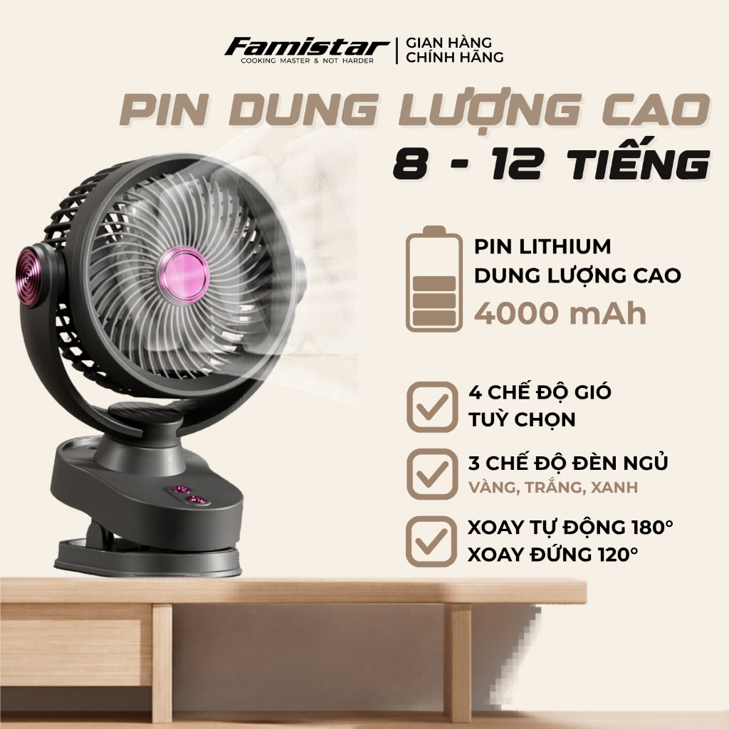 Quạt tích điện mini tự xoay 180 độ, dùng liên tục 8 tiếng có đèn ngủ, quạt mini tích điện