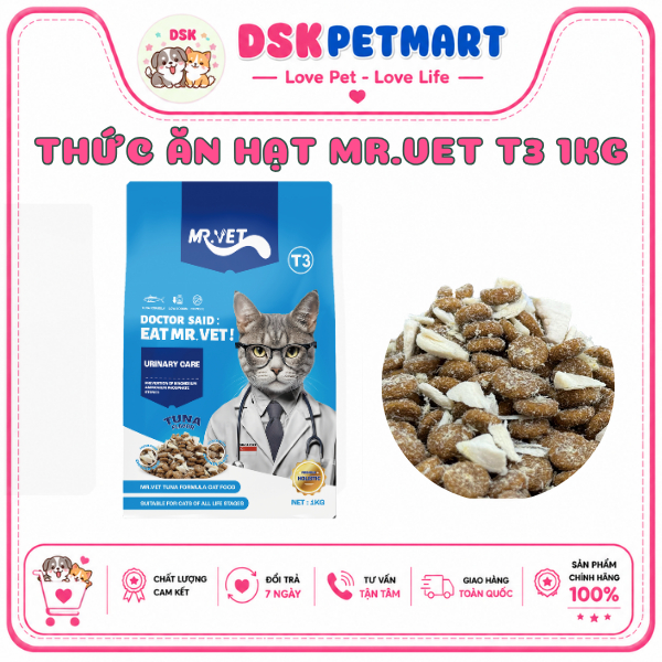 Thức Ăn Hạt Cho Mèo MR.VET T3 Kèm Sợi Thịt Gà , Hỗ Trợ Sỏi Thận Đường Tiết Niệu - Túi 1KG