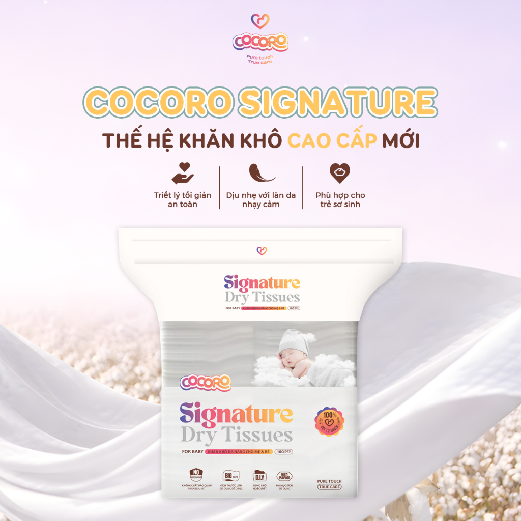 Khăn Khô Đa Năng Cocoro 160 Tờ Cao Cấp Cho Bé Signature - Tiệt Trùng Từng Tờ, Siêu Mềm, Không Xơ Vải