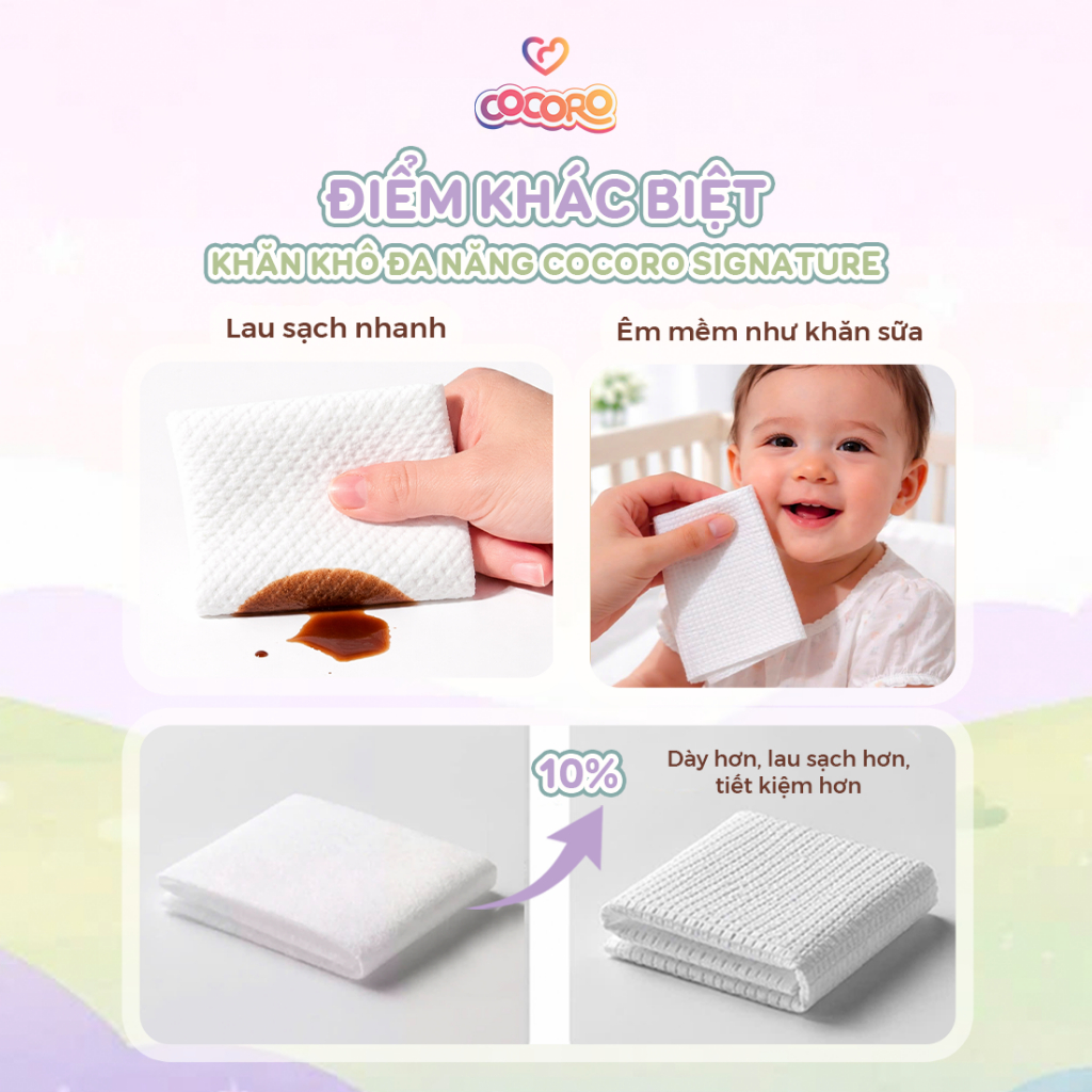 Khăn Khô Đa Năng Cocoro 160 Tờ Cao Cấp Cho Bé Signature - Tiệt Trùng Từng Tờ, Siêu Mềm, Không Xơ Vải