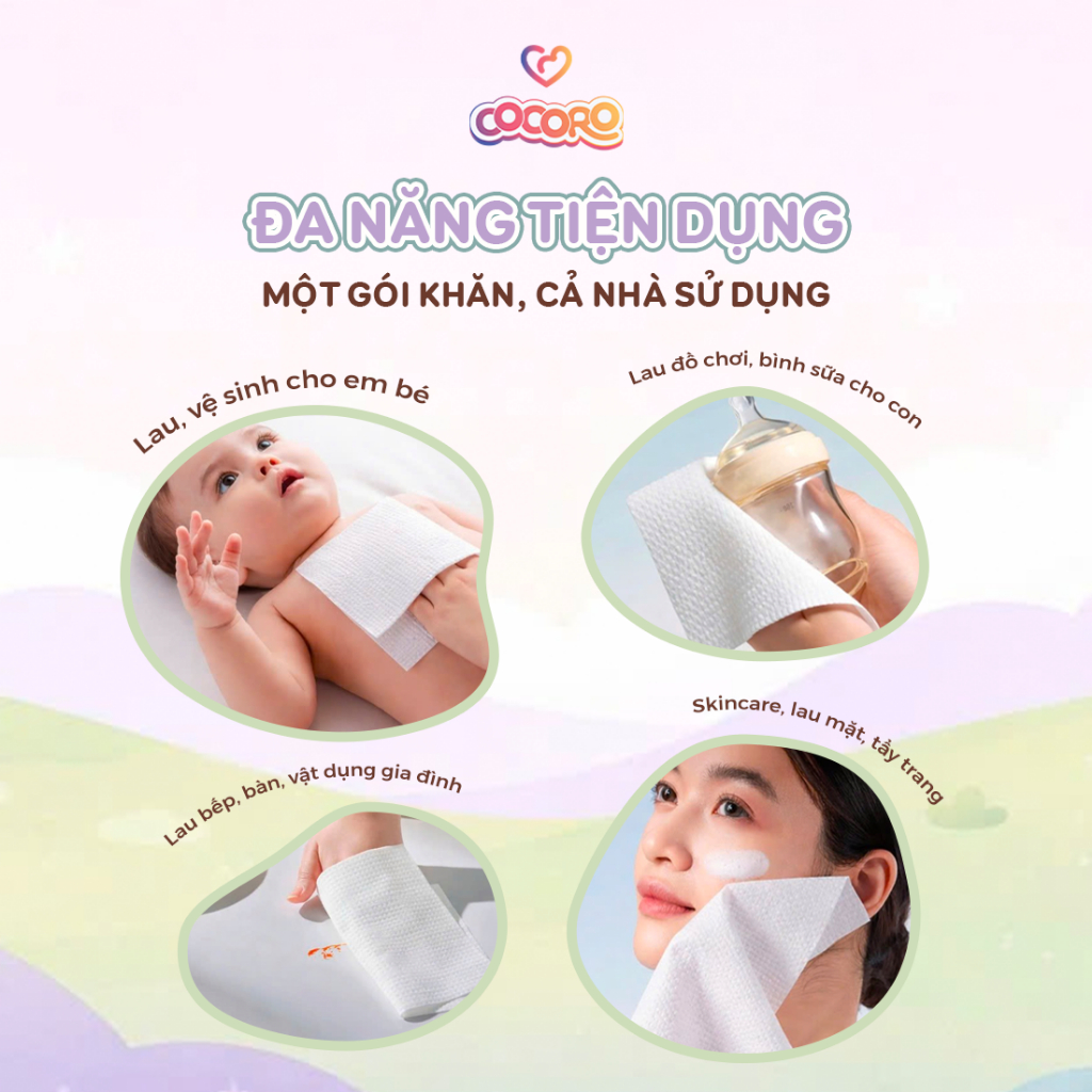 Khăn Khô Đa Năng Cocoro 160 Tờ Cao Cấp Cho Bé Signature - Tiệt Trùng Từng Tờ, Siêu Mềm, Không Xơ Vải