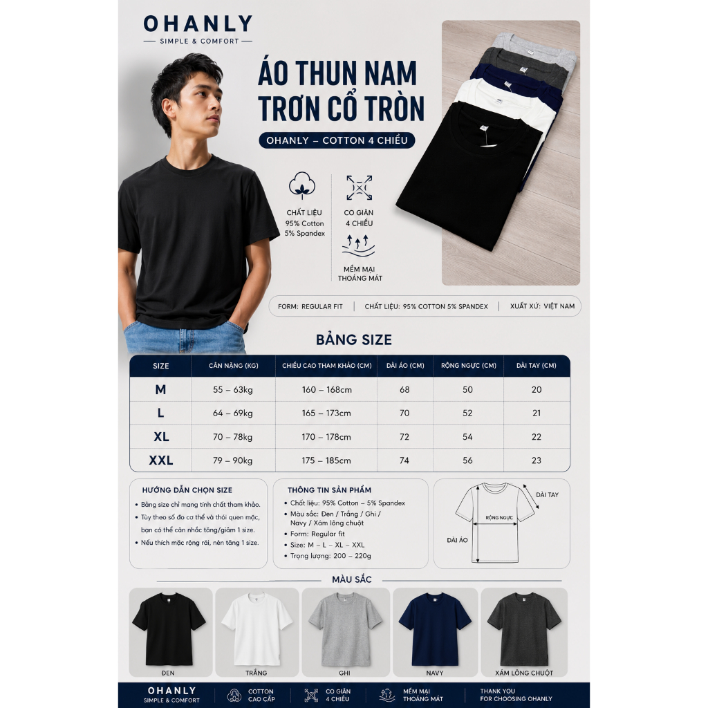 Áo Thun Nam Trơn Cổ Tròn OHANLY – Cotton 4 Chiều Co Giãn Mềm Mát, Regular Fit Basic Dễ Phối Đồ