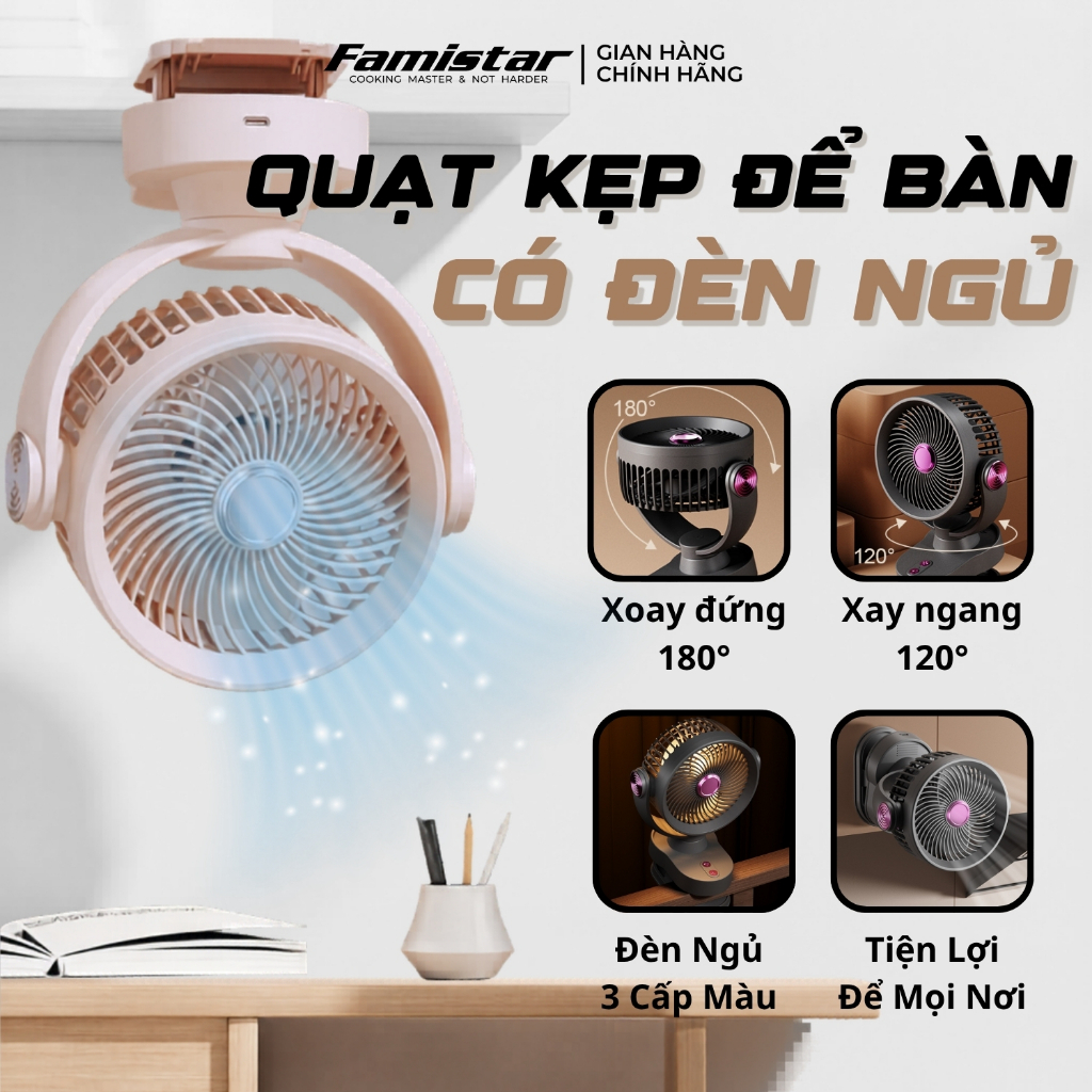 Quạt tích điện mini tự xoay 180 độ, dùng liên tục 8 tiếng có đèn ngủ, quạt mini tích điện FS-001