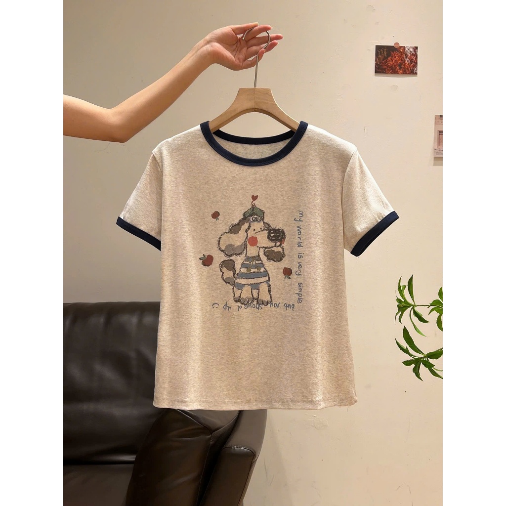 Áo thun nữ bo viền in hình dể thương, Áo thun xượt bo viền, chất mềm mịn thấm mồ hôi, mặc hè thoải mái