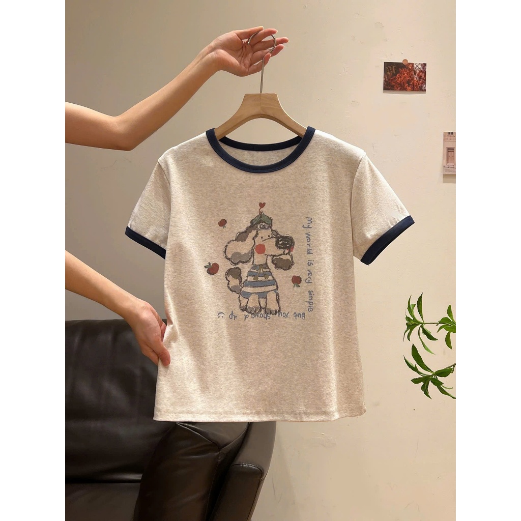 Áo thun nữ bo viền in hình dể thương, Áo thun xượt bo viền, chất mềm mịn thấm mồ hôi, mặc hè thoải mái