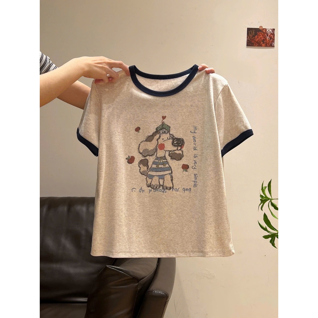 Áo thun nữ bo viền in hình dể thương, Áo thun xượt bo viền, chất mềm mịn thấm mồ hôi, mặc hè thoải mái