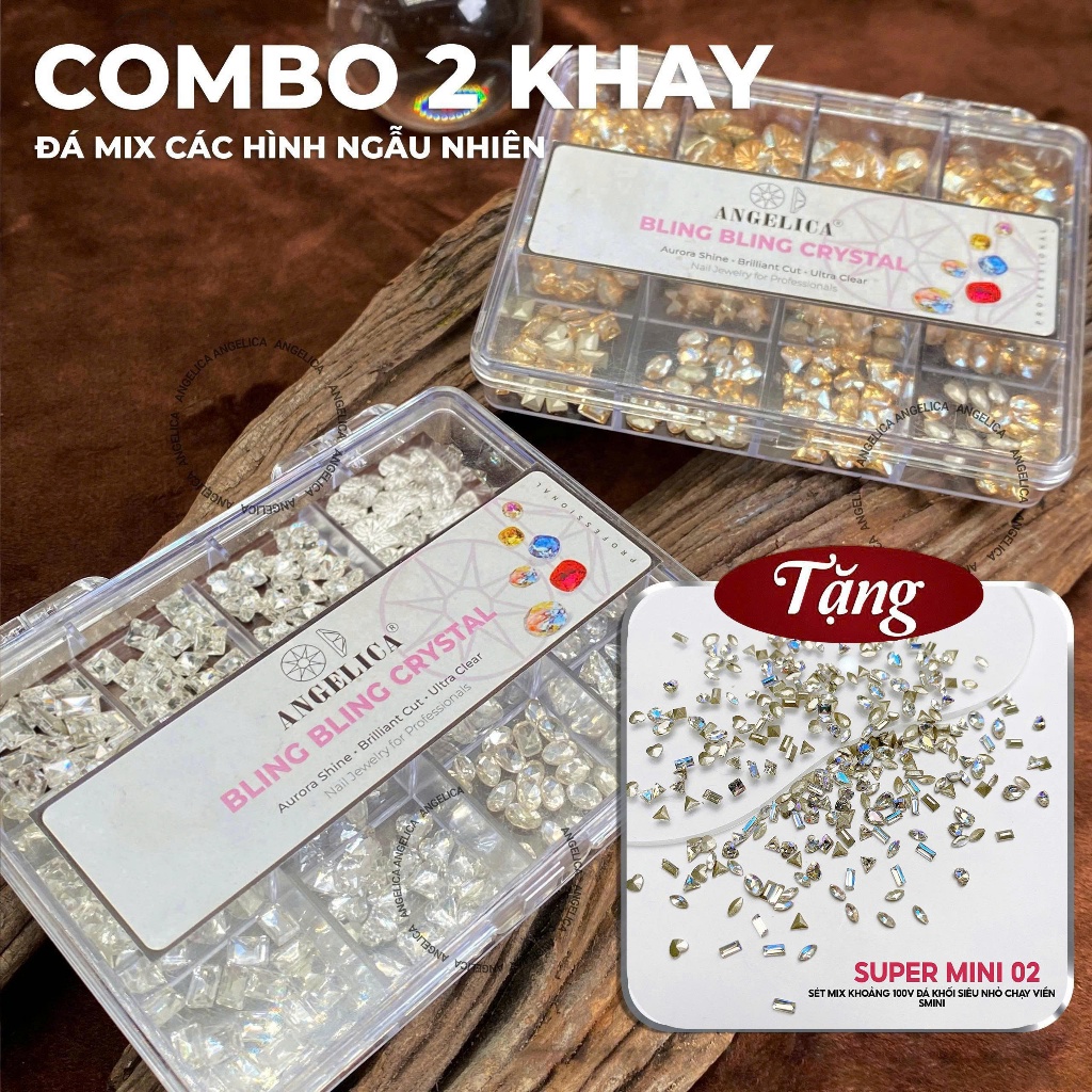 Khay Đá Khối ANGELICA Chân Vàng 12 Ô Mix Size ( 200 Viên ) Siêu Sáng,Không Bung Chân -Trang Trí Nail